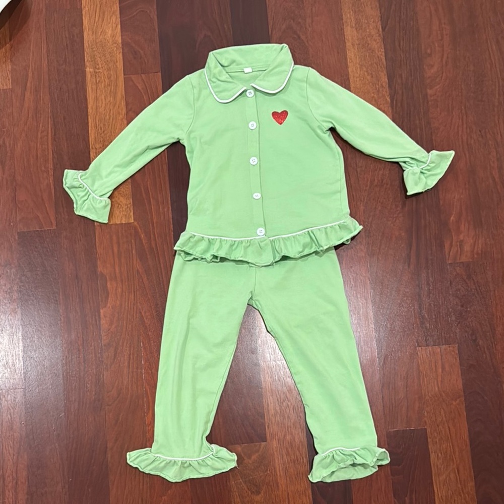 Grinch Green Kids Pajamas with Heart Detail